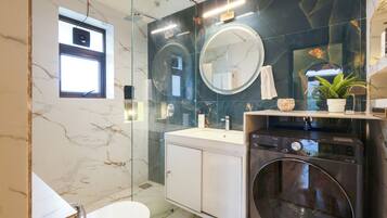 A modern bathroom with a glass shower enclosure, a built-in washing machine, and a large mirror above the sink.