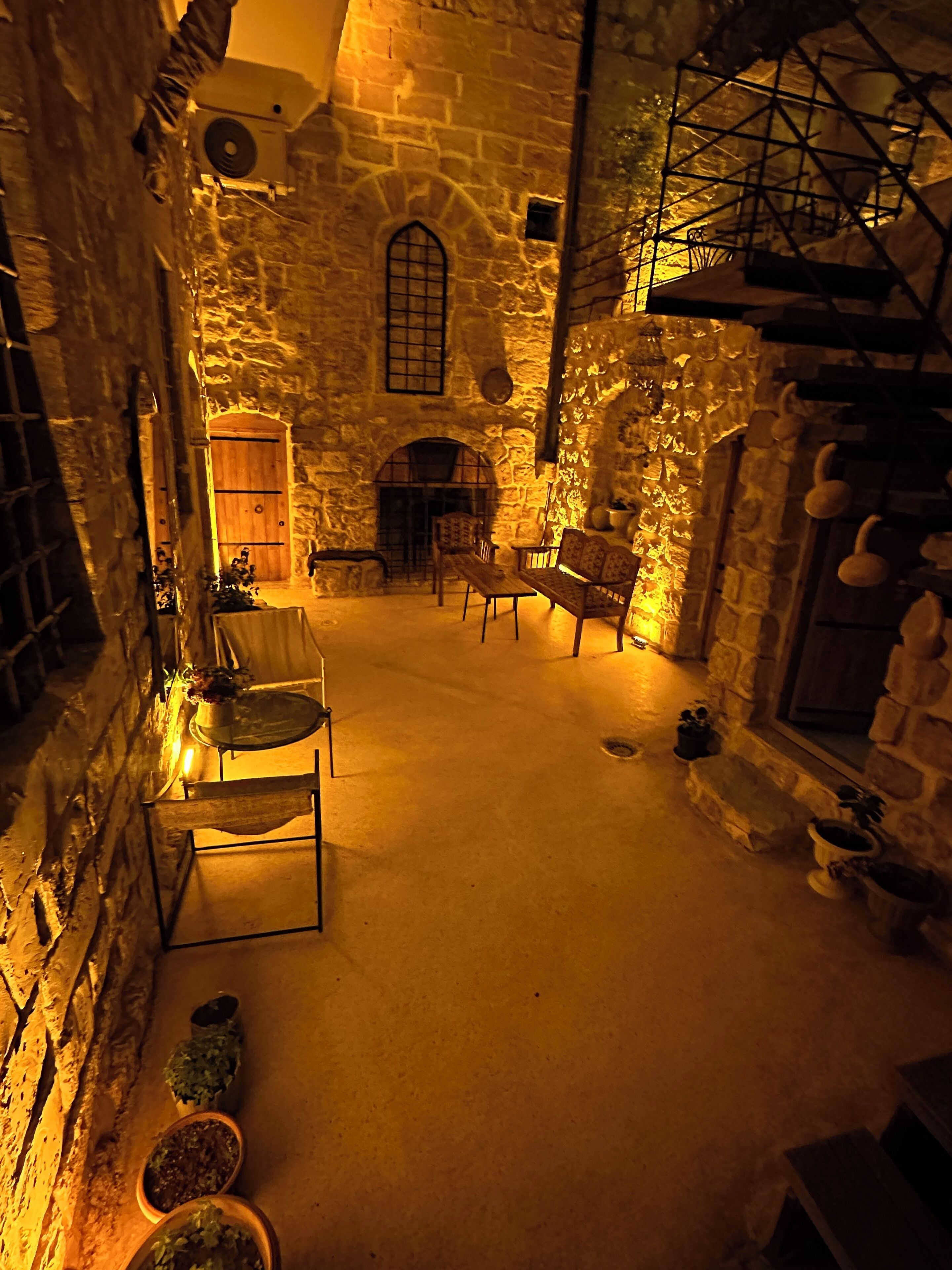 Una habitación con paredes de piedra, chimenea, muebles de madera y plantas en macetas.