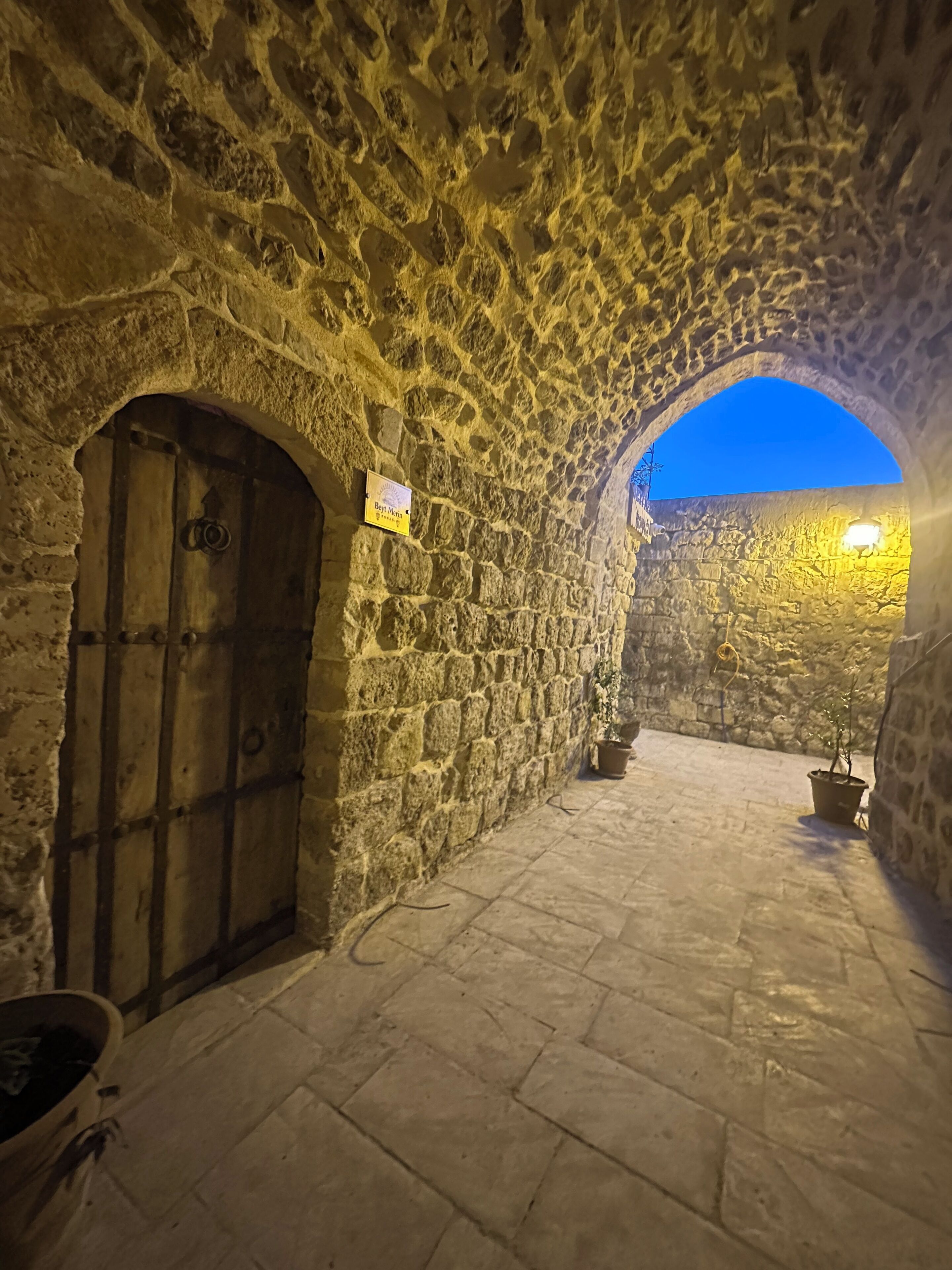 An arched stone corridor with a wooden door and a sign, potted plants, and a paved floor.
