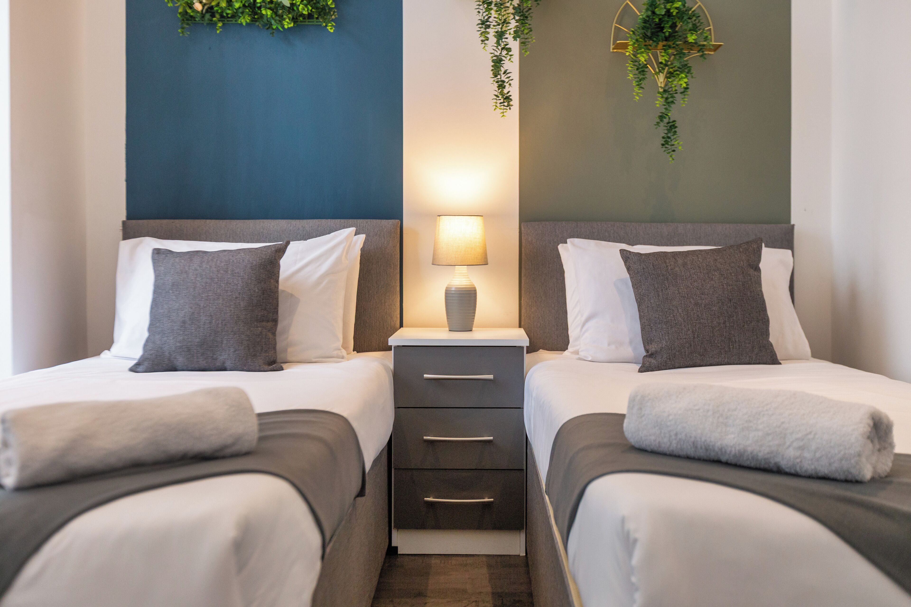 A twin room with two beds, bedside tables, a lamp, and hanging plants.