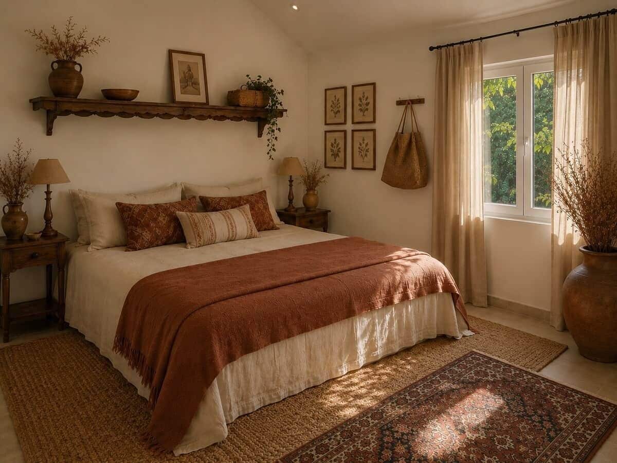 Ein Schlafzimmer mit einem großen Bett, einem Holz-Kopfteil, einem Nachttisch mit Lampe, einem Fenster mit Vorhängen und einem Wandregal mit Dekorationen.