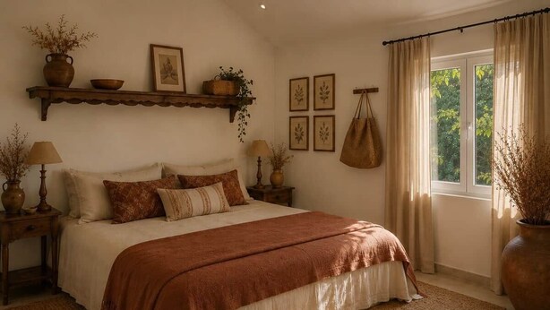 A bedroom with a large bed, a wooden headboard, a bedside table with a lamp, a window with curtains, and a wall-mounted shelf with decorative items. - Maison du Vaquero - Malaga Estate - New Property (Eygalières)