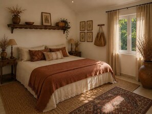 A bedroom with a large bed, a wooden headboard, a bedside table with a lamp, a window with curtains, and a wall-mounted shelf with decorative items. - Maison du Vaquero - Domaine de Malaga - New Property (Maussane-les-Alpilles)