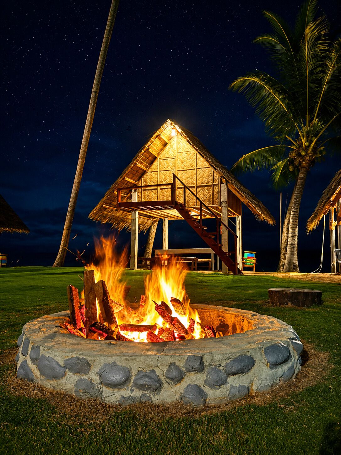 A stone fire pit with a thatched-roof structure above it, surrounded by palm trees and a night sky.