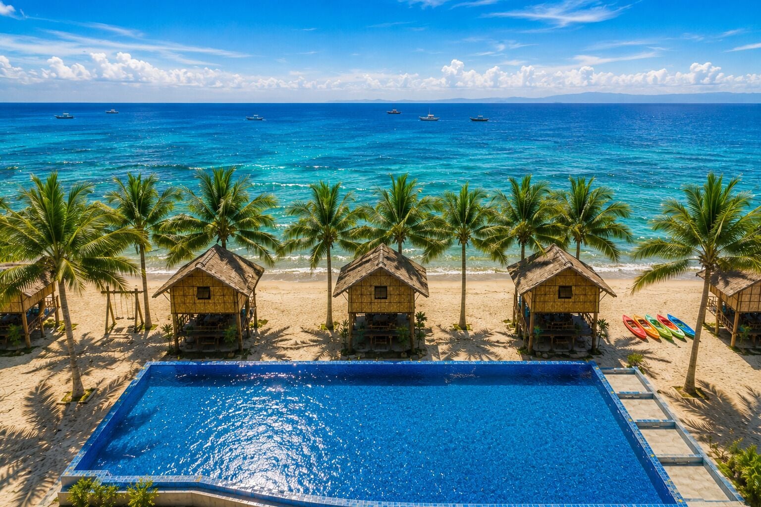 Un hotel frente al mar con piscina, palmeras y cabañas de playa.