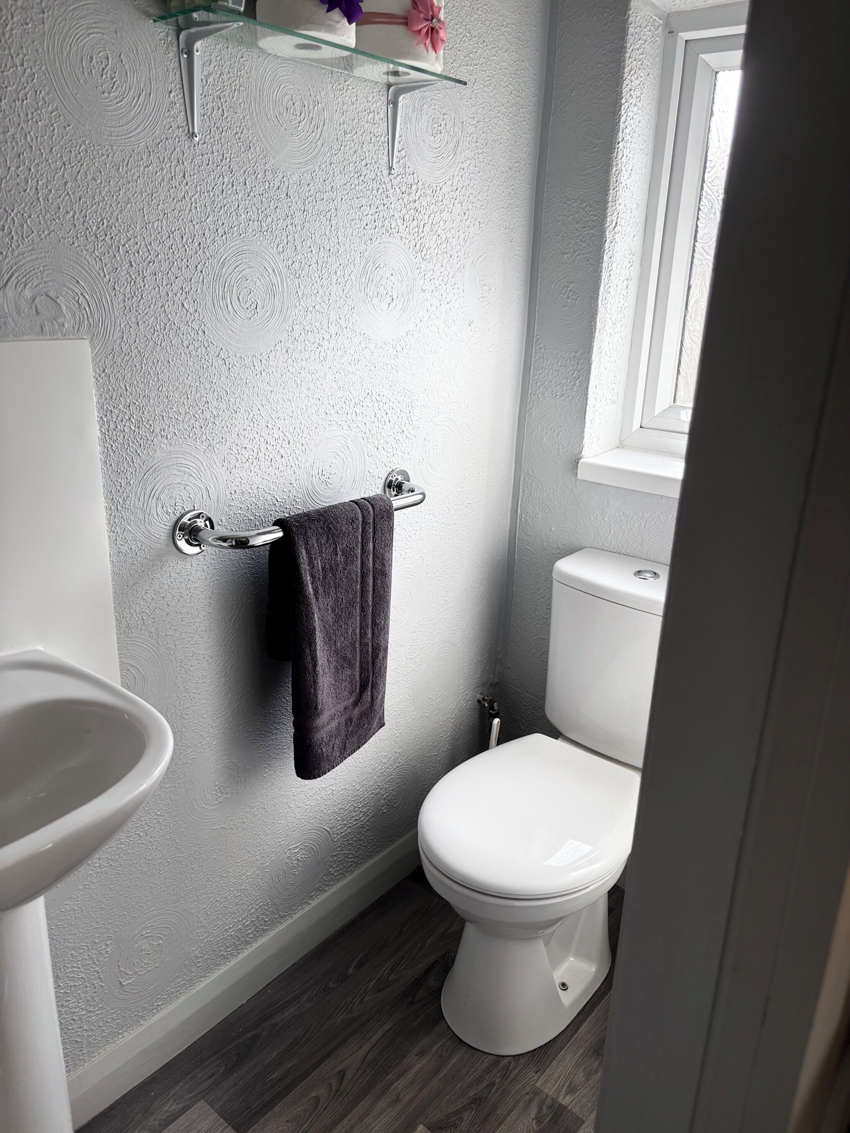 A bathroom with a white toilet, a towel hanging on a metal rack, a glass shelf with decorative items, and a white sink.