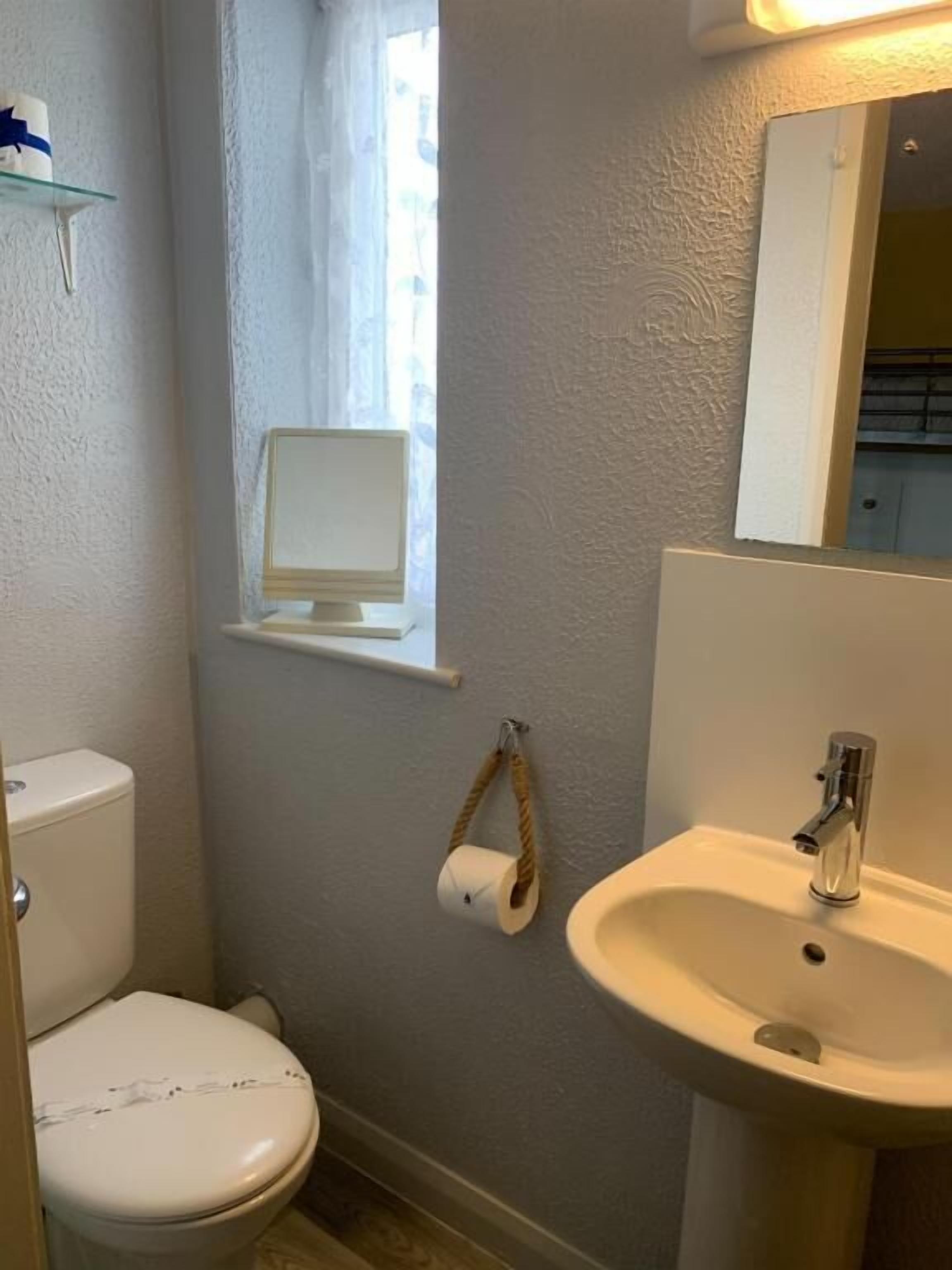 Un bany amb vàter, un lavabo i una finestra amb cortina.