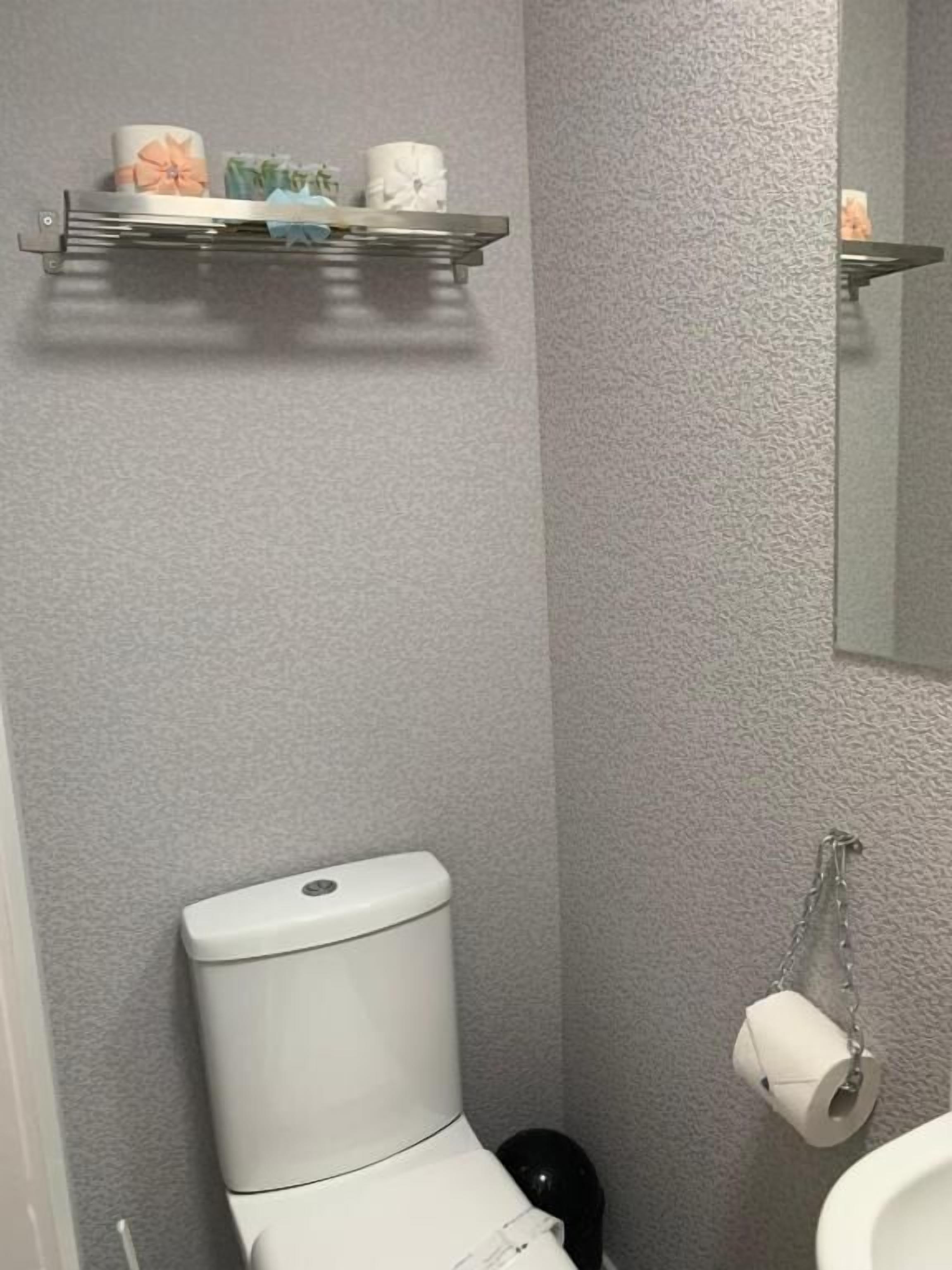 A bathroom with a toilet, a shelf with toiletries, and a hanging toilet paper holder.