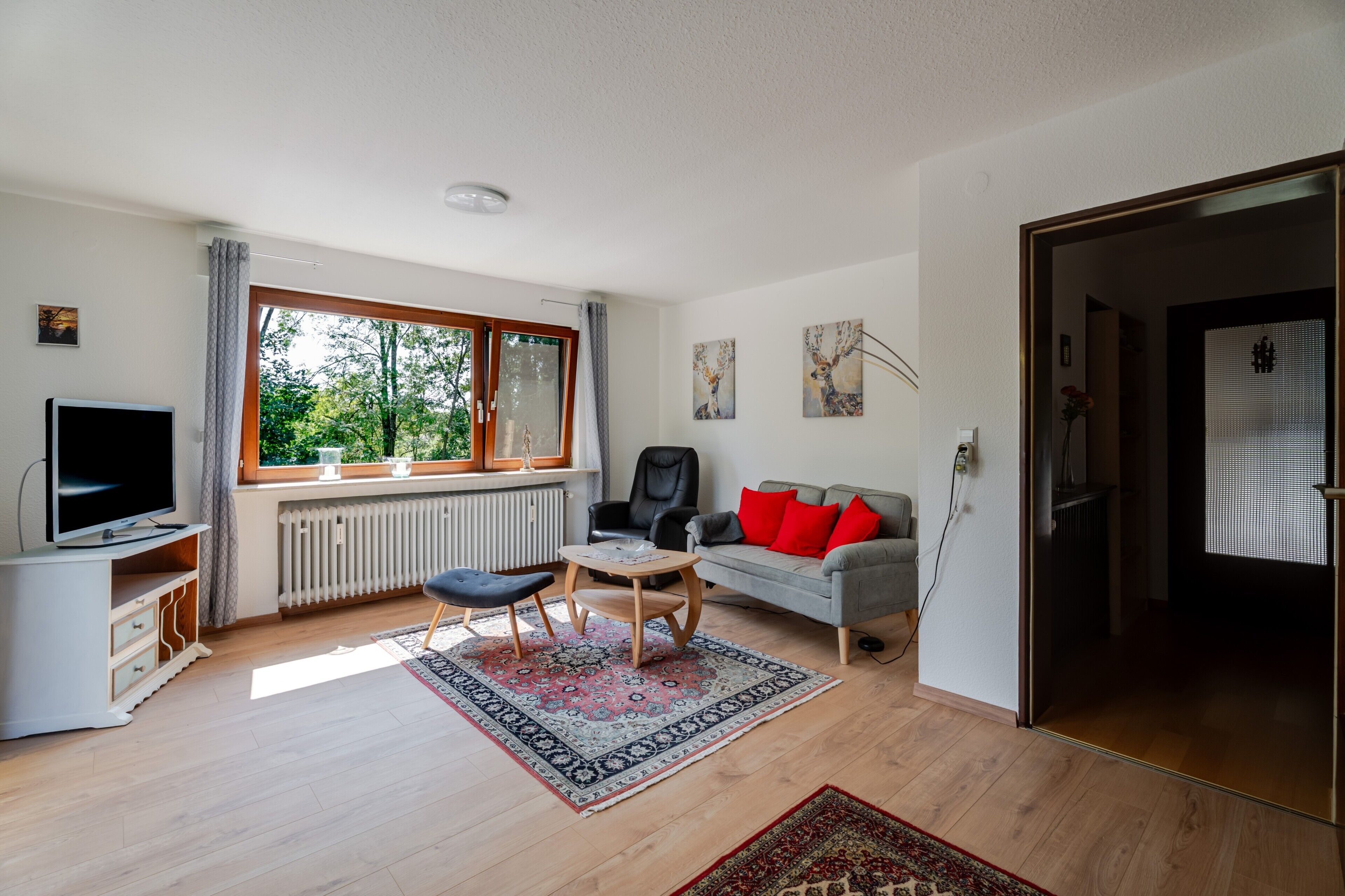 Un salon moderne avec un téléviseur, des sièges, un radiateur et une fenêtre donnant sur un espace verdoyant.