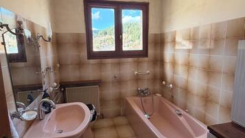 Hair dryer, bidet, towels, soap