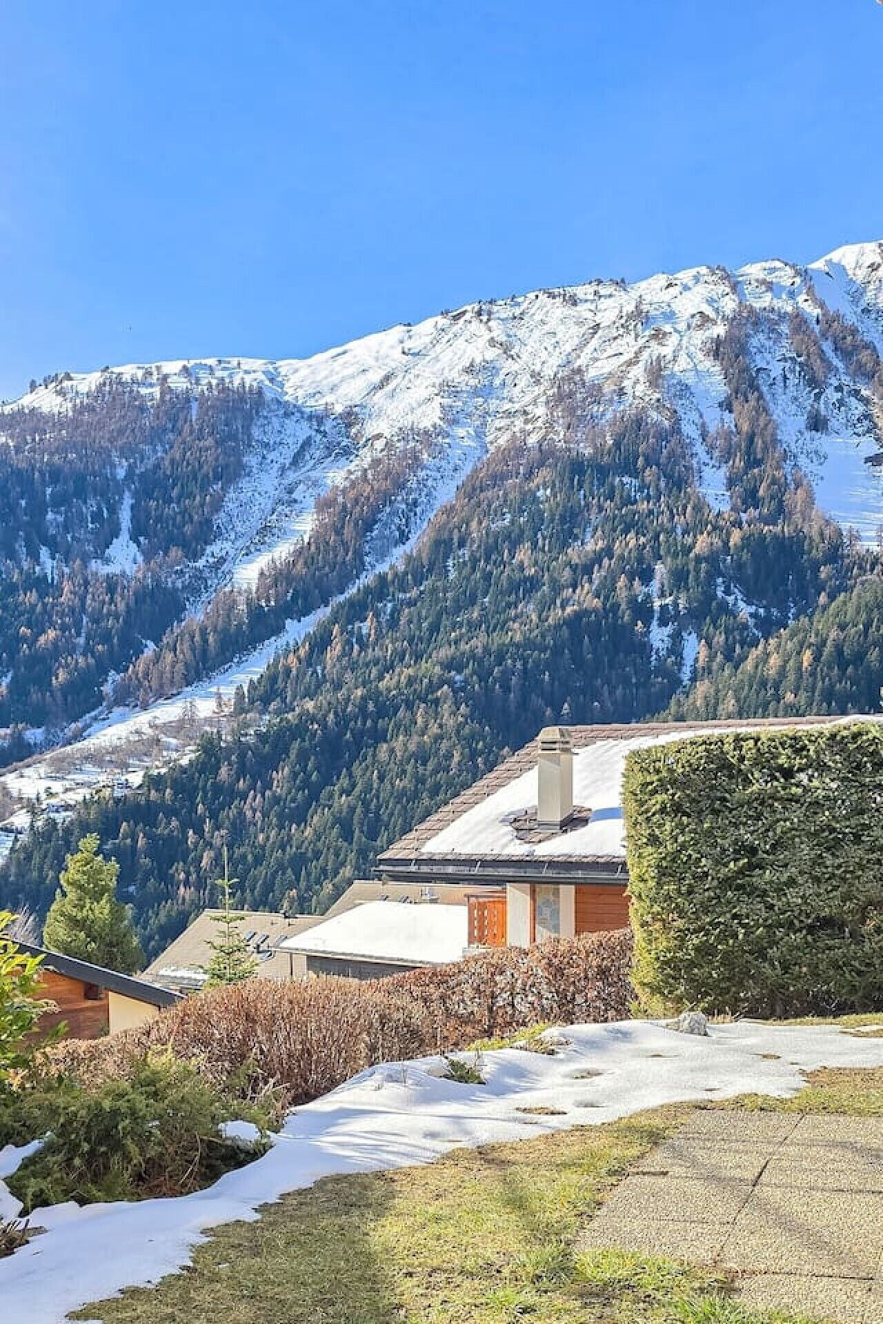 A residential area with snow-covered mountains in the background, a house with a sloped roof, and a well-maintained hedge in the foreground.