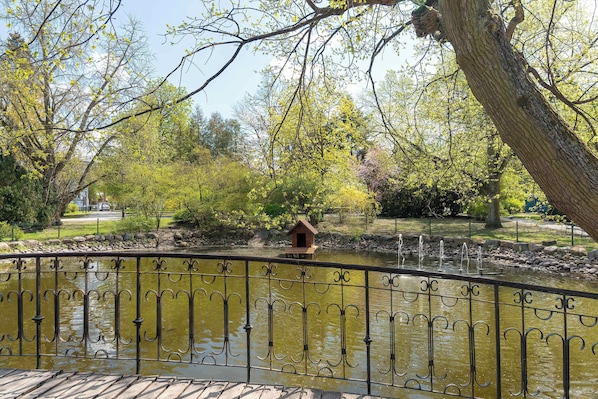 A park with a pond, a wooden bridge, and a metal fence.