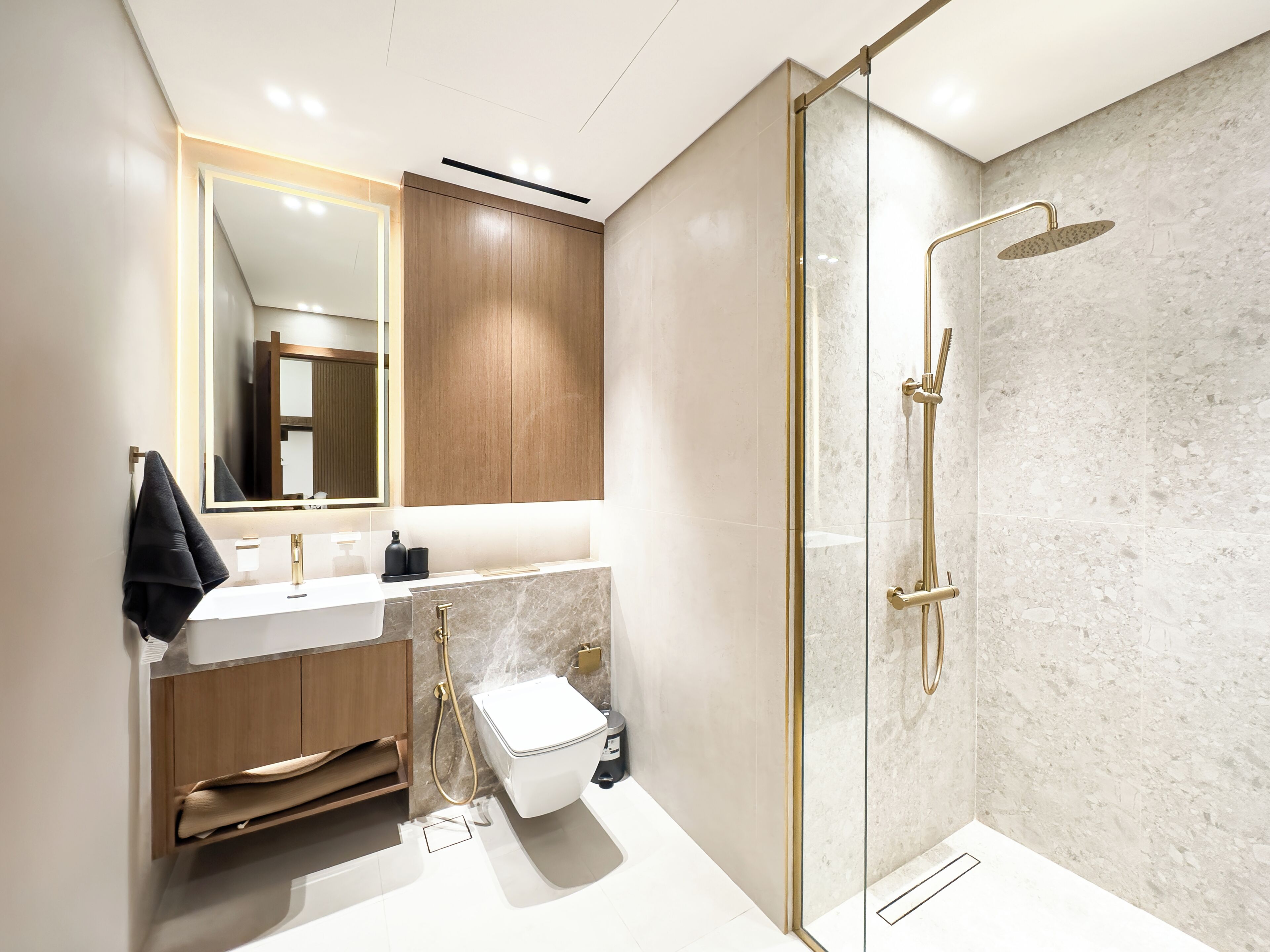 Shower, hair dryer, towels, shampoo