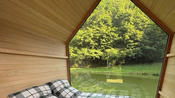 Een knus slaapkamer met een geruit beddegoed, een zacht kussen en uitzicht op een vijver omringd door bomen.