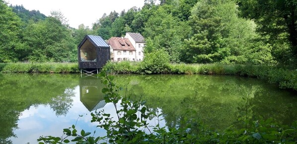 Una casa sull'acqua su un fiume tranquillo, circondata da fitta vegetazione.