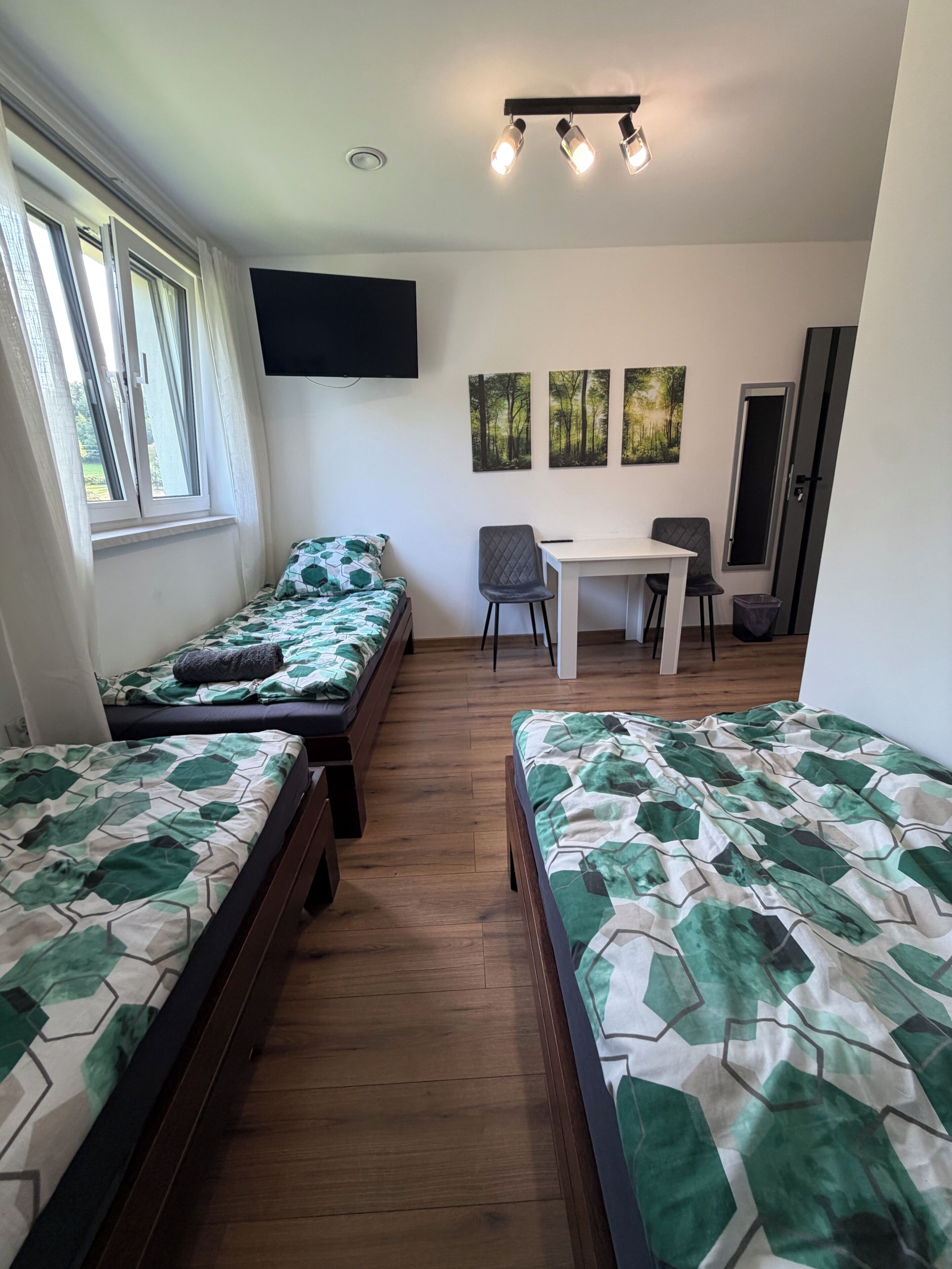 A room with two beds, a desk, a chair, a TV, and artwork on the wall.