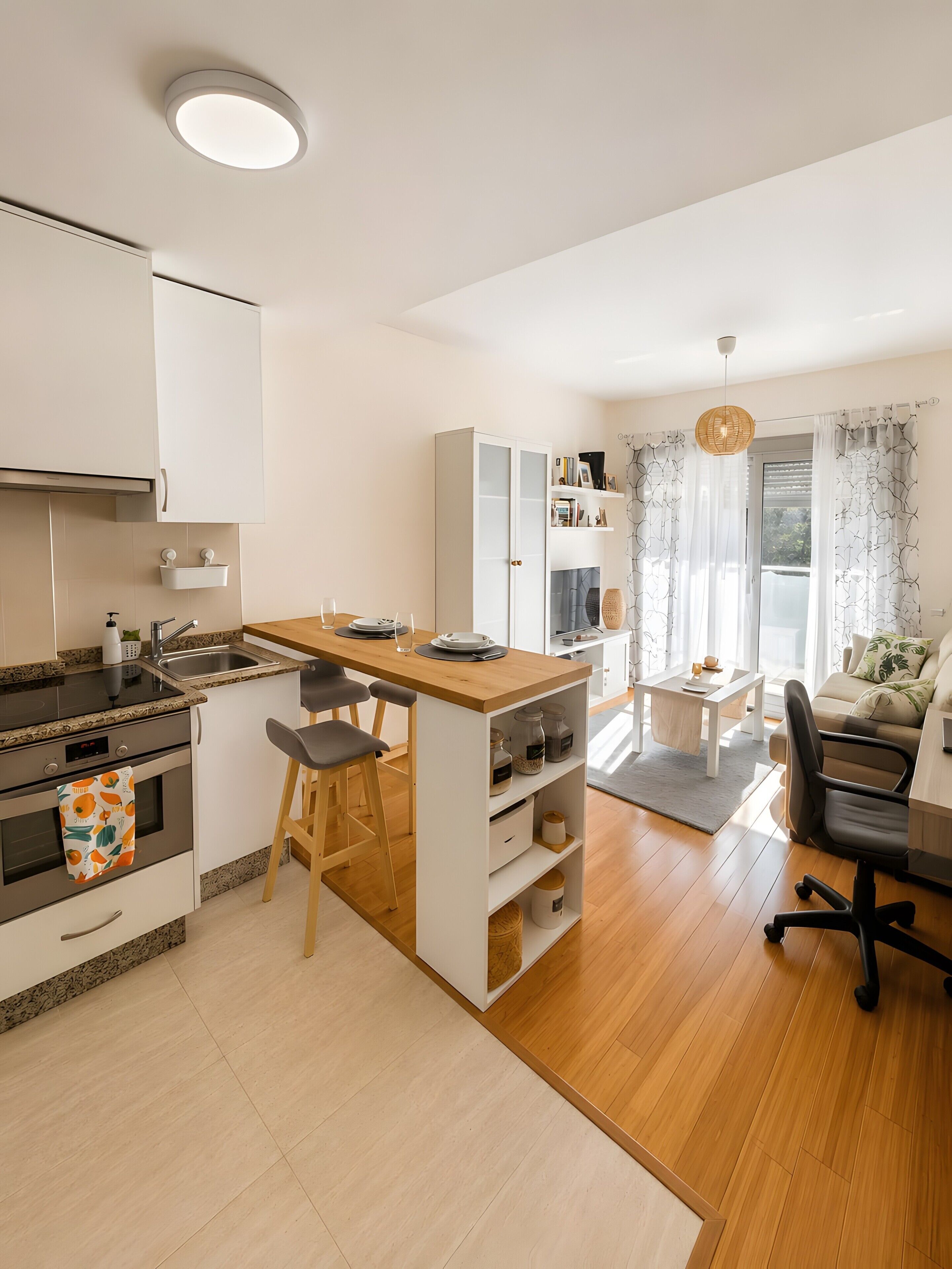 A modern kitchen with a central island, a dining area with a sofa and chairs, and a view of the outdoors through a window.