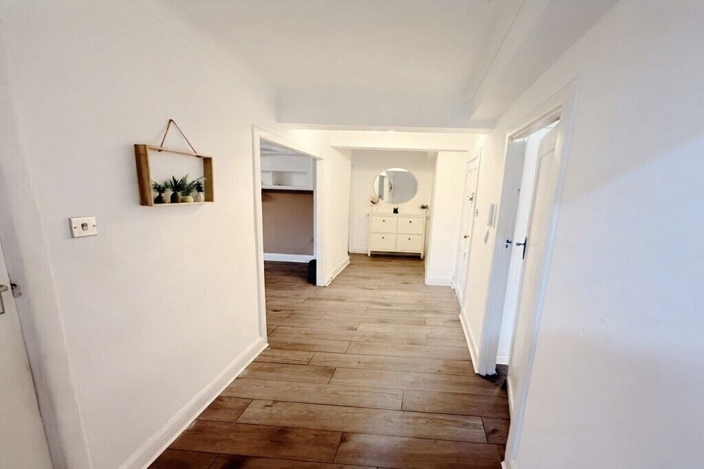 A hallway with wooden flooring, white walls, a hanging plant, a mirror, and a door leading to a room.