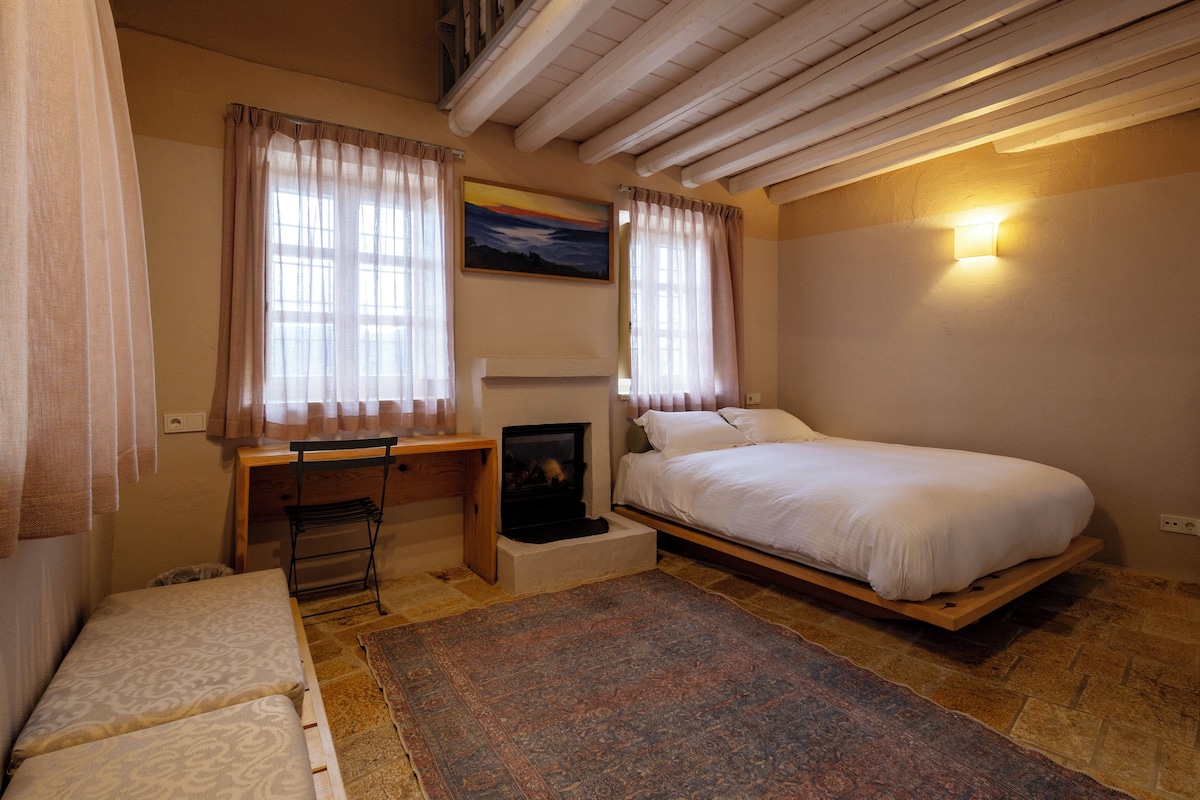 Une chambre à coucher comprenant un lit, un bureau, une chaise, une cheminée et un grand tapis.