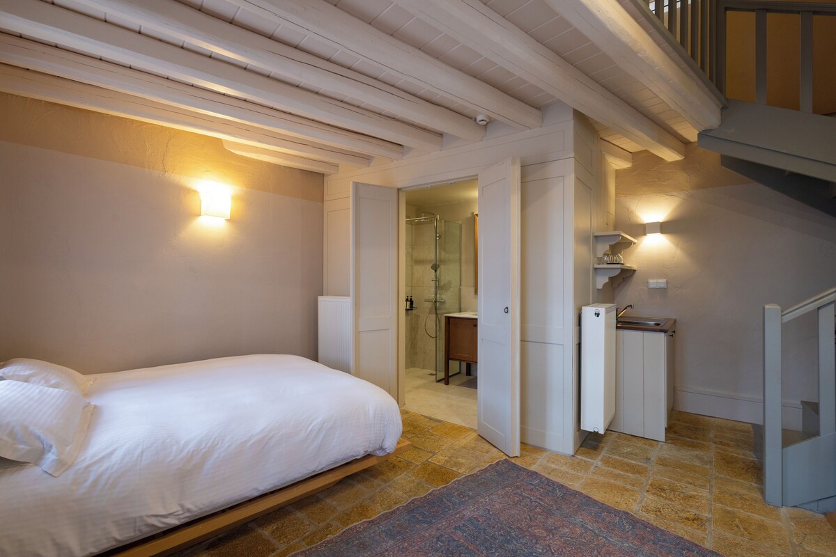 A bedroom with a bed, a shower, and a small bathroom with a sink.