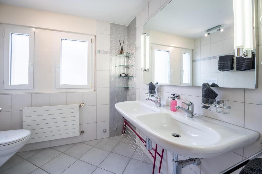 Un baño moderno con un lavabo blanco grande, un espejo y un inodoro.