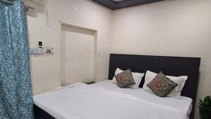 Een slaapkamer met een bed, een plafondventilator, een airconditioning en een deur, plus een potplant.