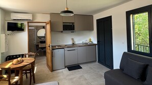 Un espacio habitable compacto con kitchenette, comedor y sofá.