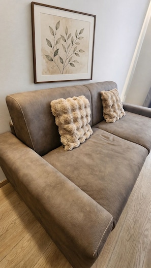 A brown sofa with two textured throw pillows and a framed botanical print on the wall.