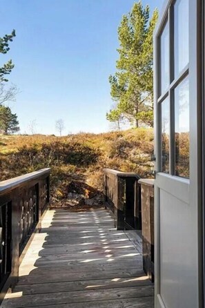 A wooden pathway leading to a building with a glass door, surrounded by natural vegetation.