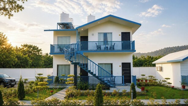 A two-story building with a blue staircase, a balcony, and a garden with various plants. - Corbett Vantara (Ramnagar)