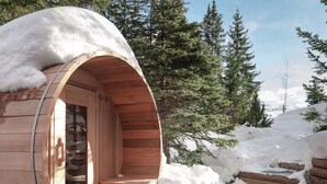 Eine Holzhütte mit halbkreisförmigem Außenbereich und einem sichtbaren Innenbereich mit Sitzgelegenheiten.