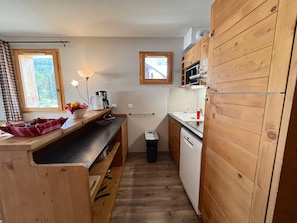 A compact kitchen with wooden cabinetry, a countertop, a sink, a dishwasher, and a window providing natural light. - Cozy apartment near slopes - 6 guests (Vars)