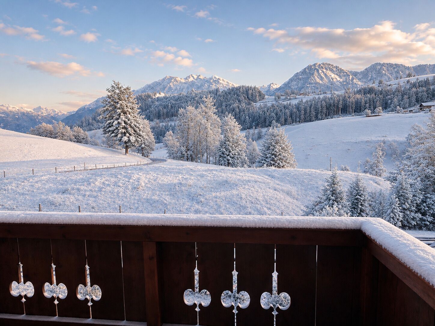 A snow-covered landscape with mountains in the background and a wooden railing in the foreground.