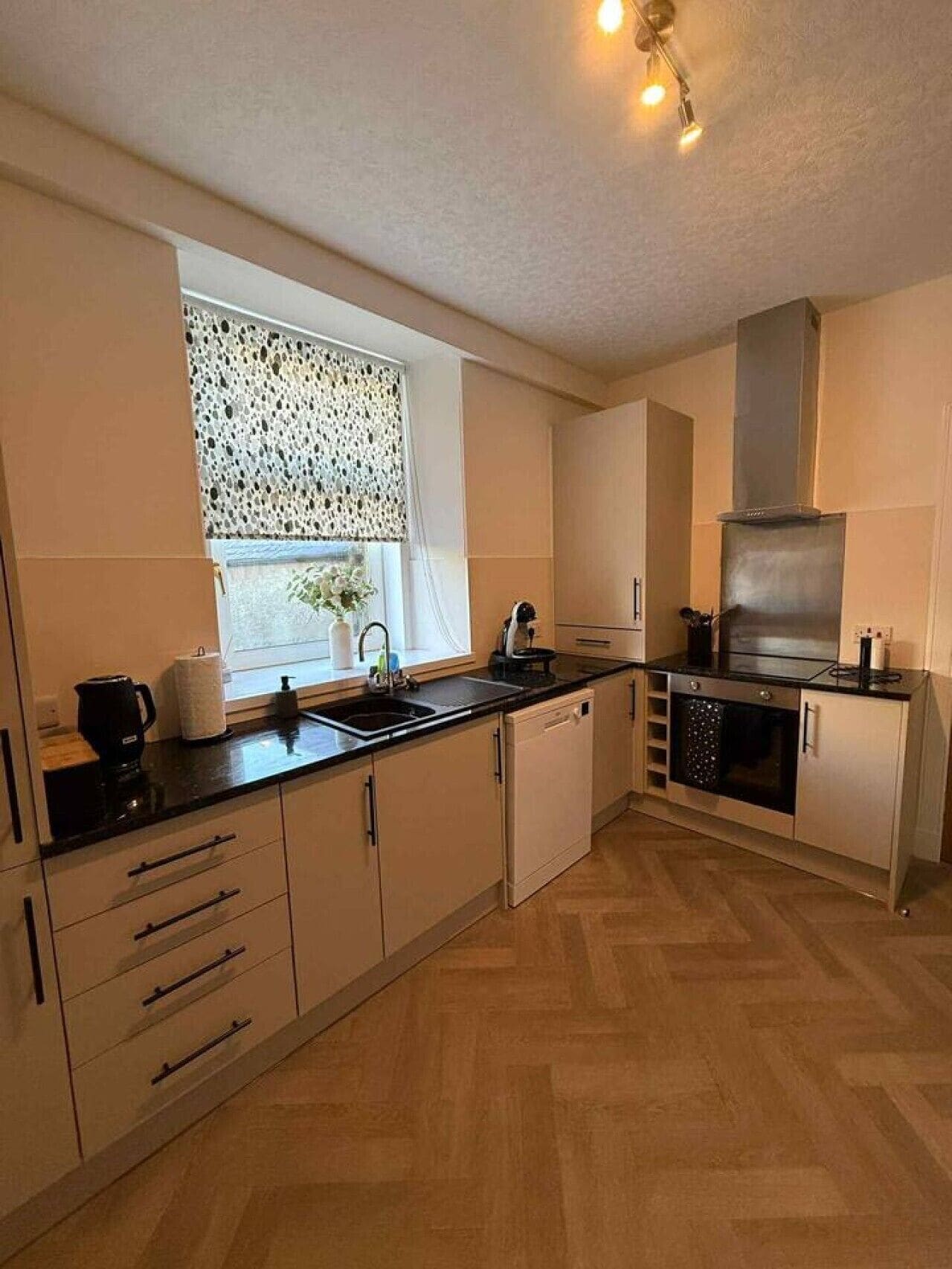 A modern kitchen with a dishwasher, stove, and a window with patterned curtains.