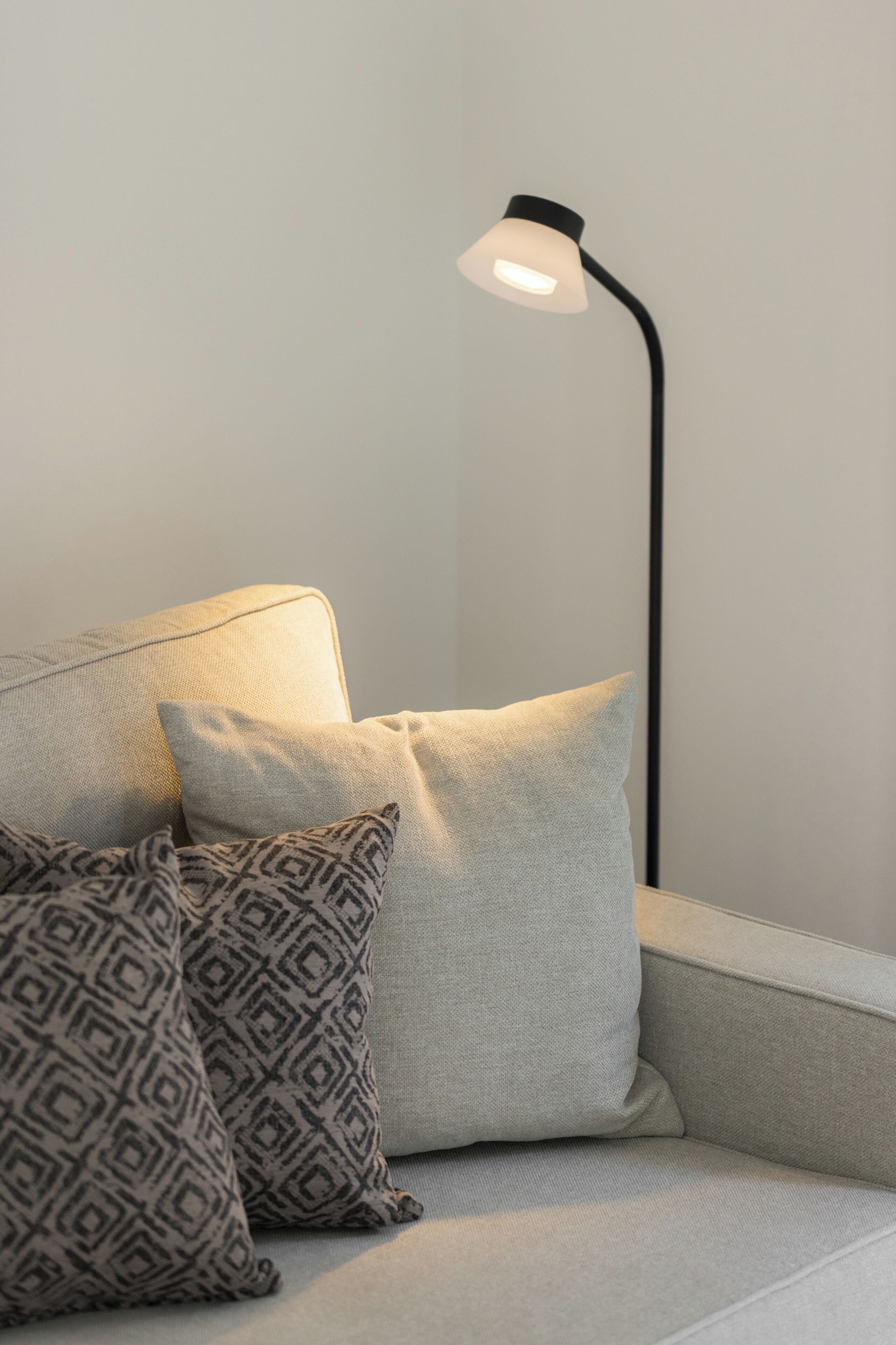 Un sofá con dos almohadones, uno liso y otro estampado, frente a una pared lisa con una lámpara de pie.