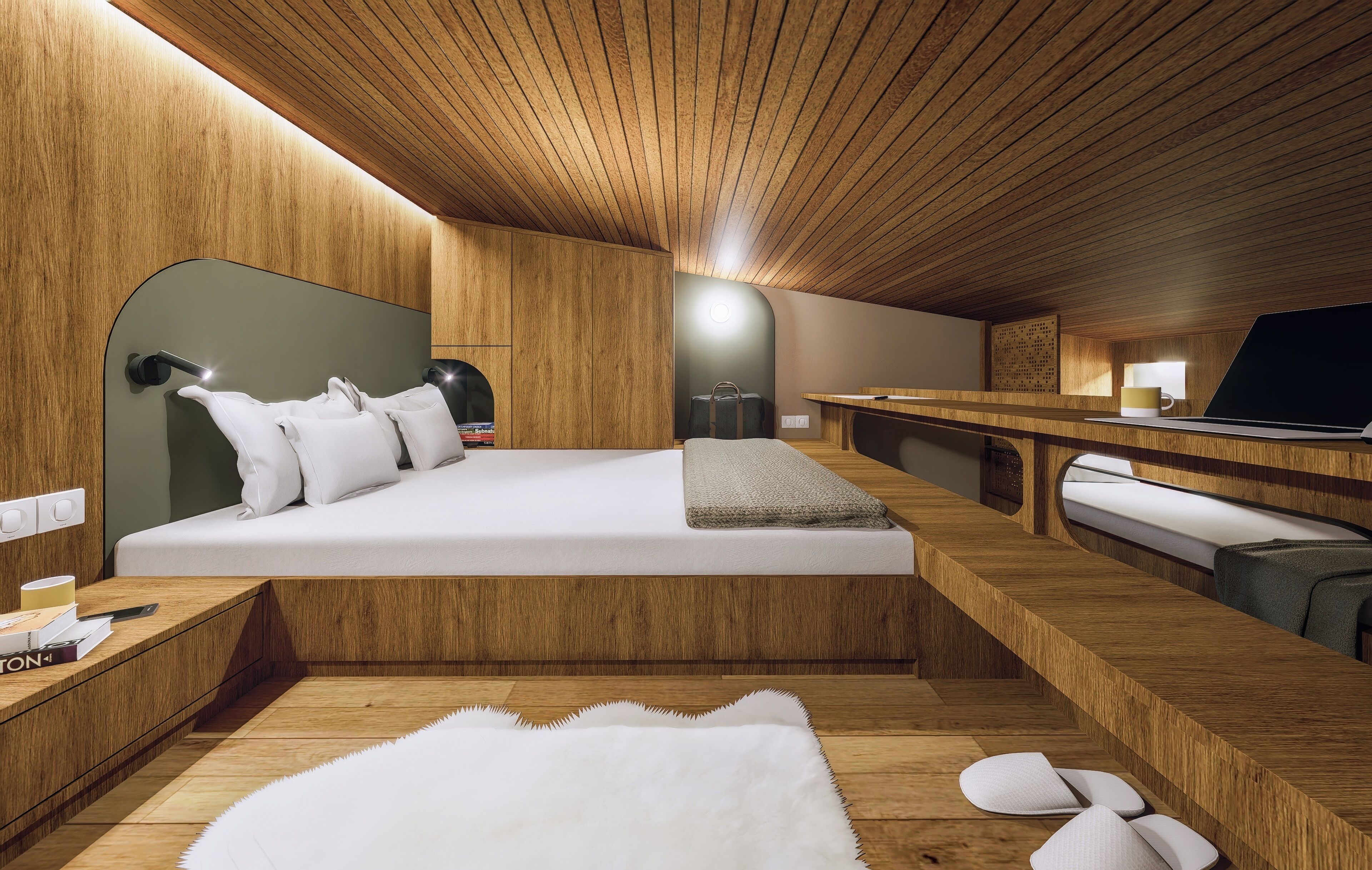 A modern bedroom with a wooden ceiling, a bed with white bedding, a desk with a laptop, and a small seating area.