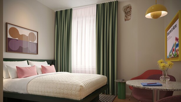 A hotel room with a bed, a desk, a chair, a window with curtains, and a wall-mounted sign. - Numa Milan Manfredo (Milan)