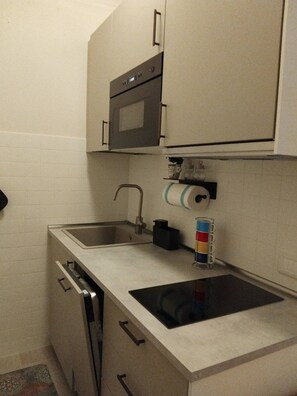 A compact kitchenette with a built-in oven, a sink, and a stovetop. - Appartamento La Sosta (Verona)