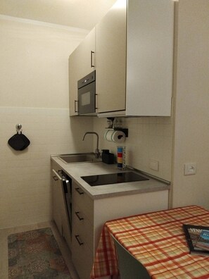 A compact kitchenette with a sink, a stove, and a mirror above the countertop. - Appartamento La Sosta (Verona)
