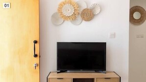 Um quarto com porta de madeira com a inscrição '01', uma televisão sobre suporte de madeira, uma pequena planta e arte decorativa na parede.