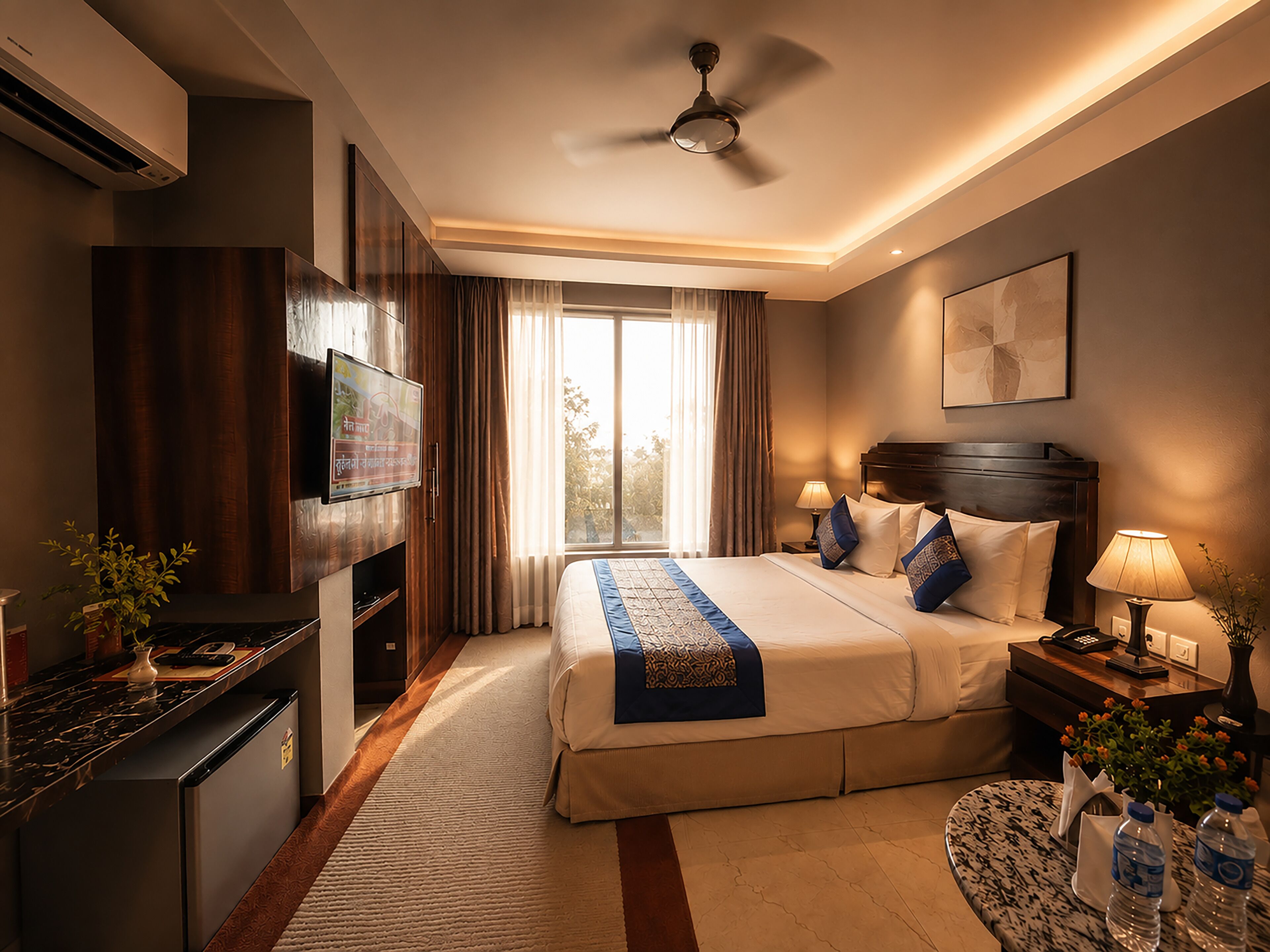 A hotel room with a bed, a TV, a ceiling fan, a window with curtains, and a nightstand with a lamp and a vase of flowers.