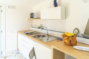 A compact kitchen with a sink, a microwave, and a shelf above the counter. - Naos Nerano (Nerano)