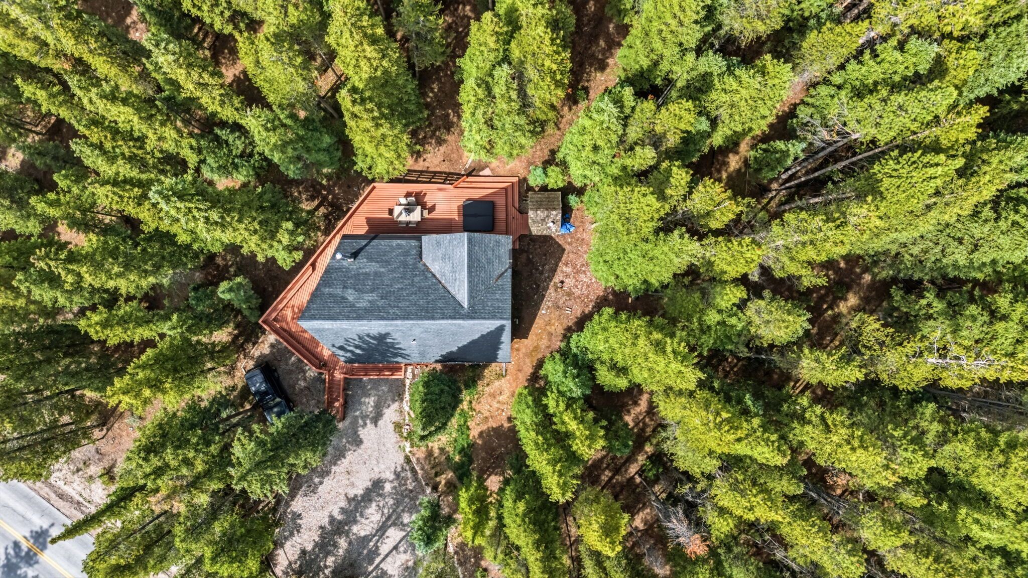 Una cabaña con techo inclinado rodeada de un bosque frondoso.