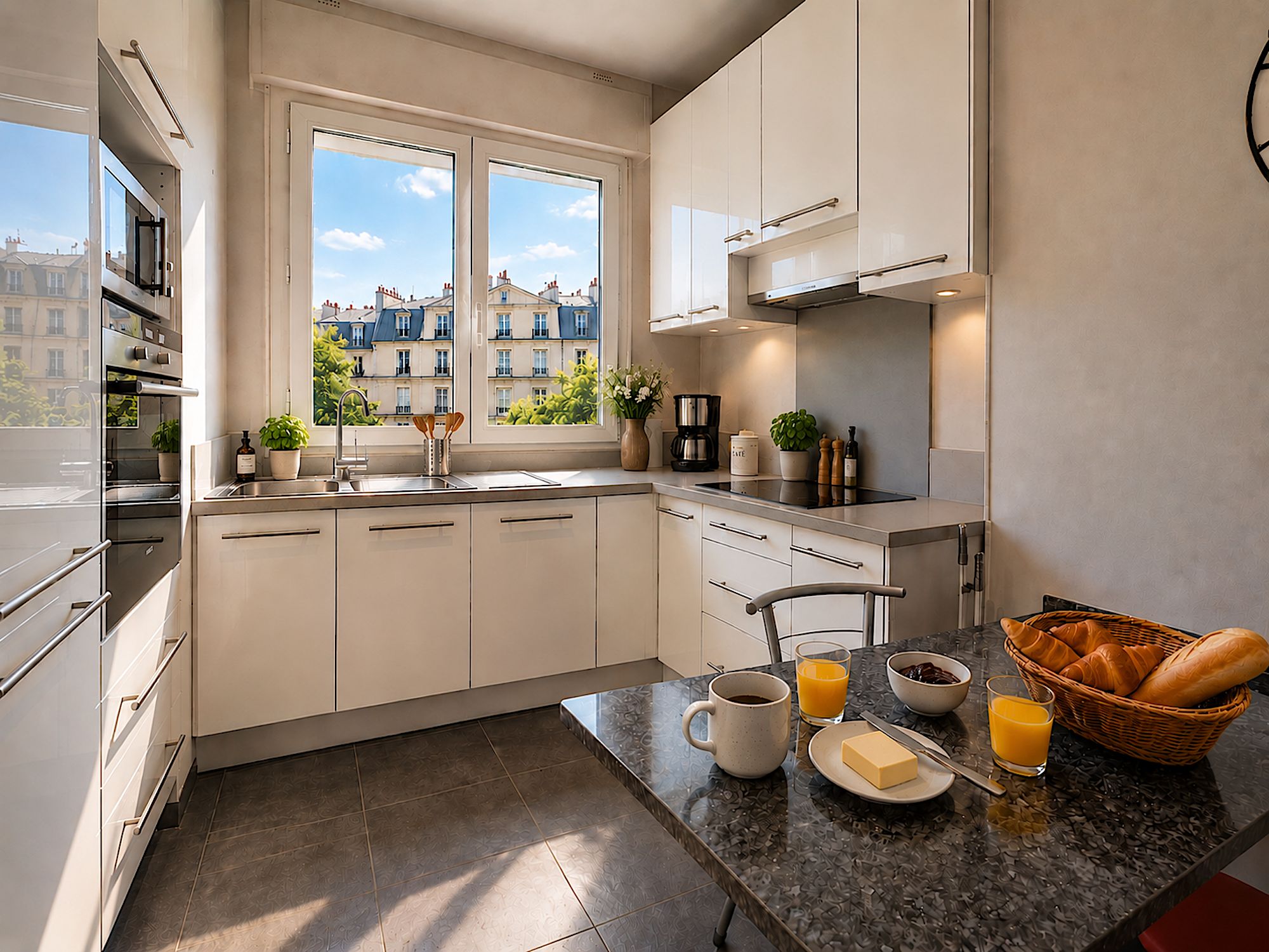 A modern kitchen with a built-in oven, a sink, and a window overlooking a cityscape.