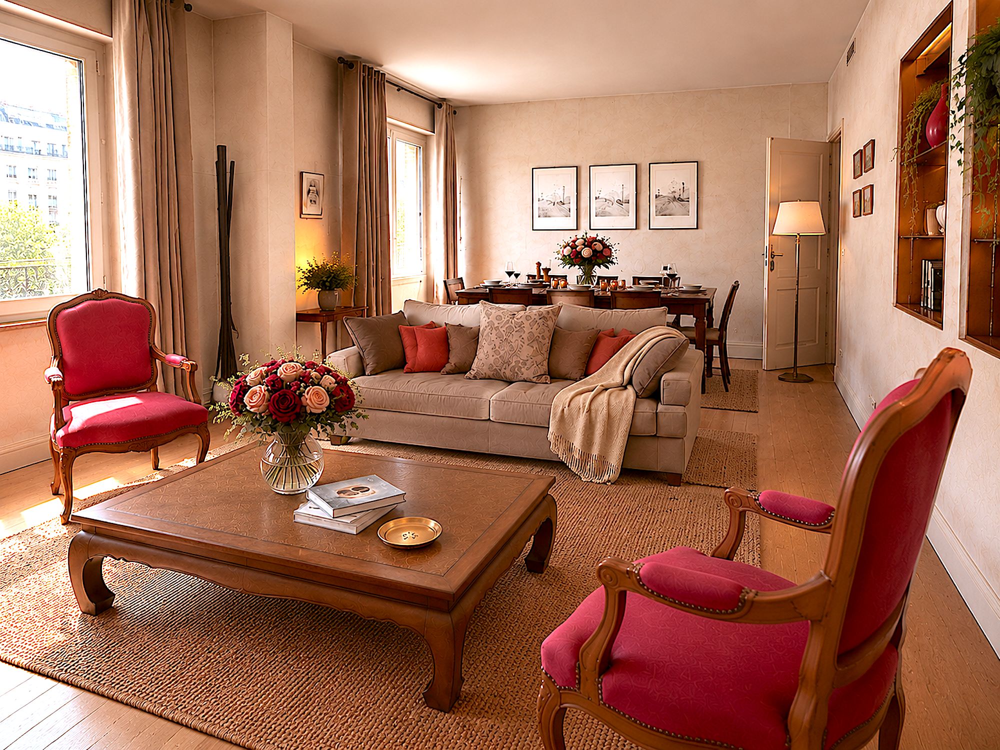 A living room with a sofa, two armchairs, a coffee table, and a dining area with a table and chairs.