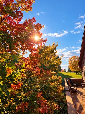 Eine Holzterrasse mit Gartenmöbeln, umgeben von Bäumen mit Herbstlaub, und einem klaren Himmel.