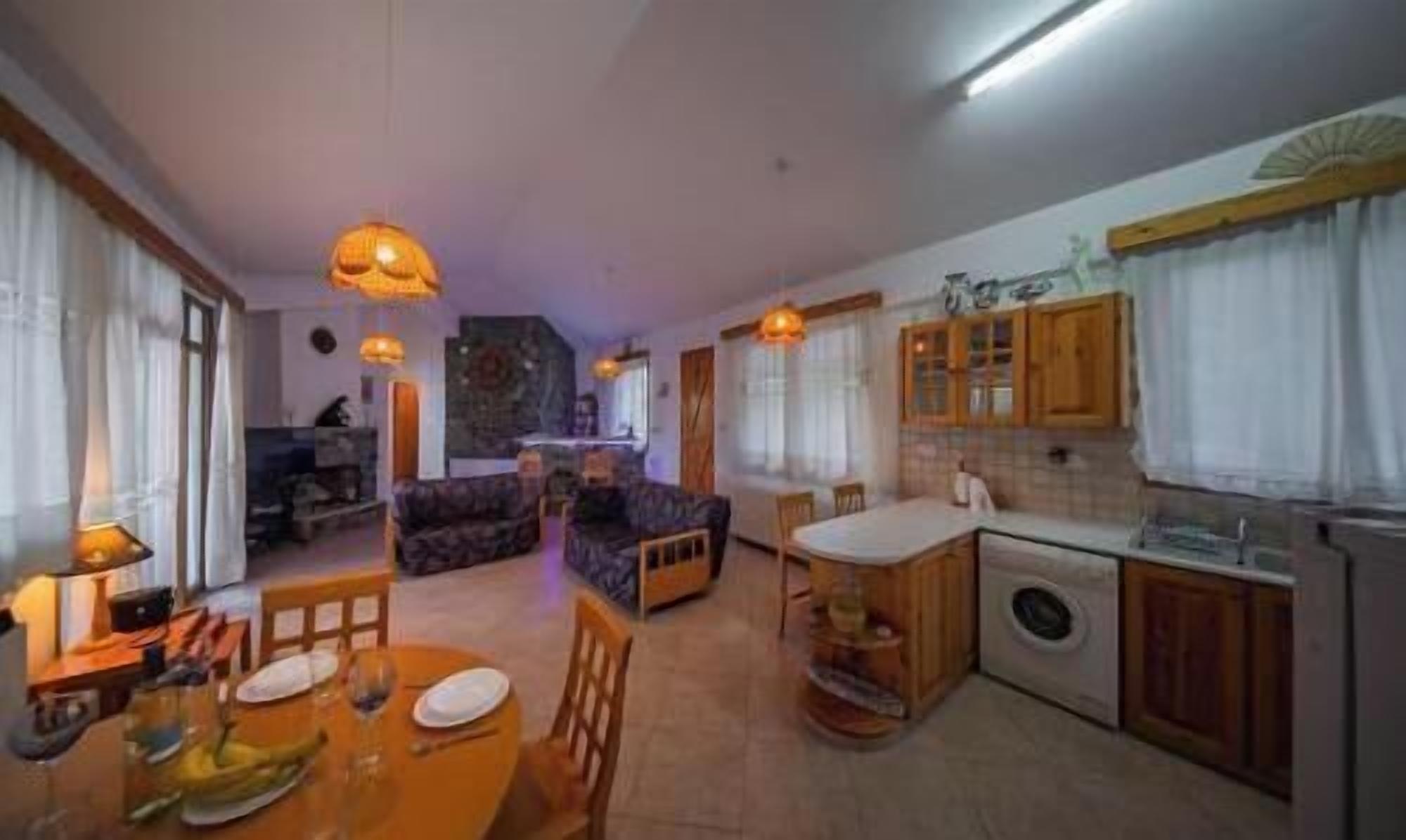 A compact living space with a dining area, kitchen, and a sofa.