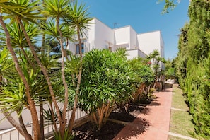 A pathway leading to a white building with a modern architectural style, surrounded by lush greenery and palm trees. - Villa Casa Aura for 8 people near the beach in Cala dór (Cala d'Or)