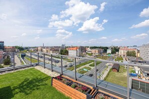 A cityscape with a modern bridge, roads, and buildings.