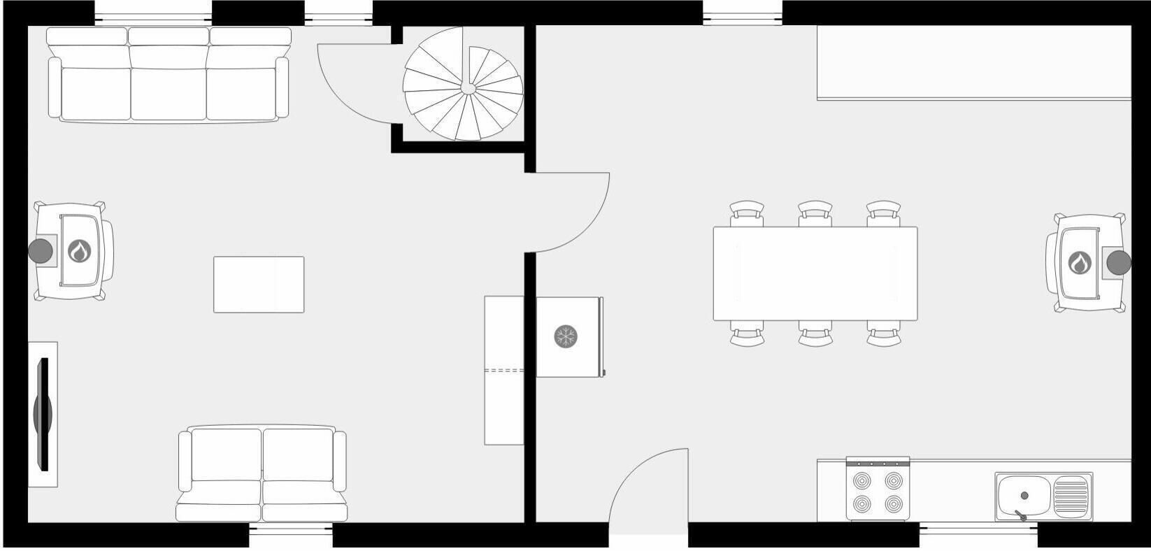 Hotellihuoneen pohjapiirros, jossa on sohva, ruokapöytä, keittiöalue ja pyöreä ikkuna.